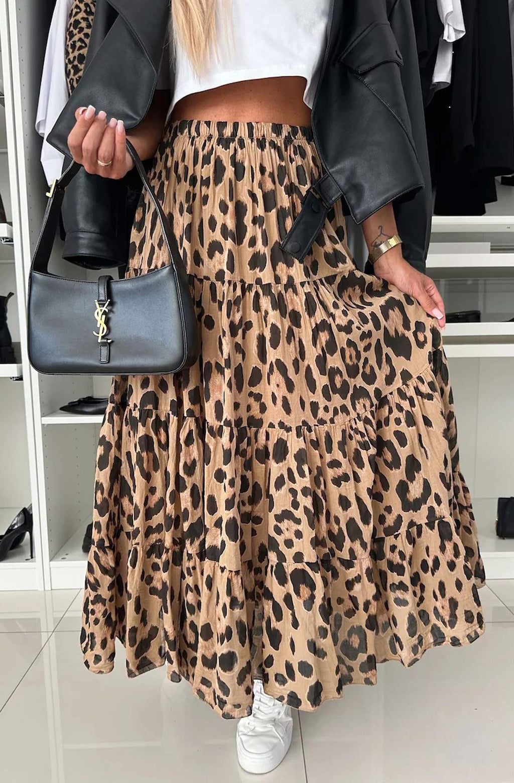 Leopard Print Tiered Maxi Skirt-Brown