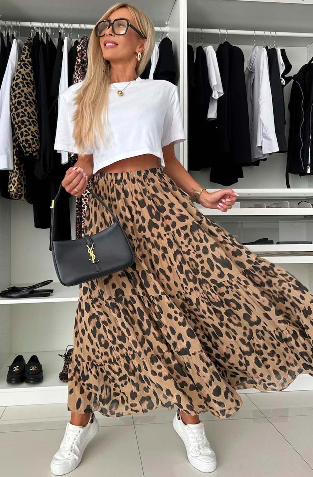 Leopard Print Tiered Maxi Skirt-Brown