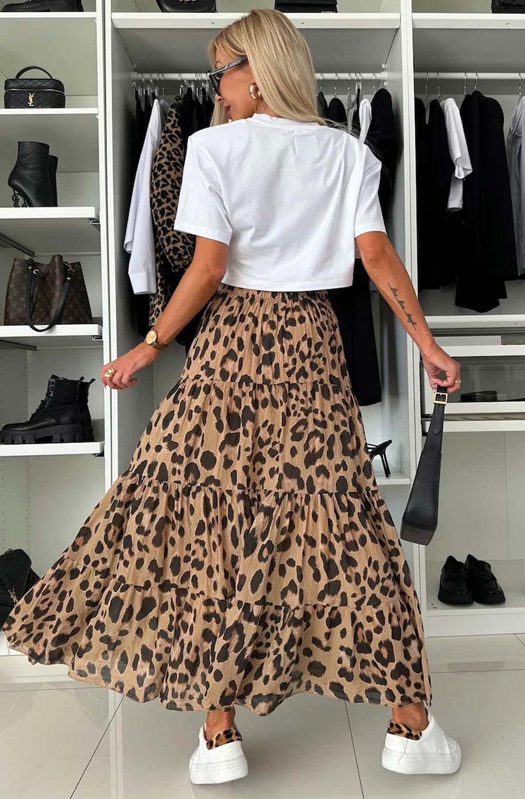 Leopard Print Tiered Maxi Skirt-Brown