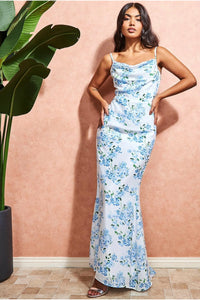 Blue Floral Cowal Neck Maxi Dress