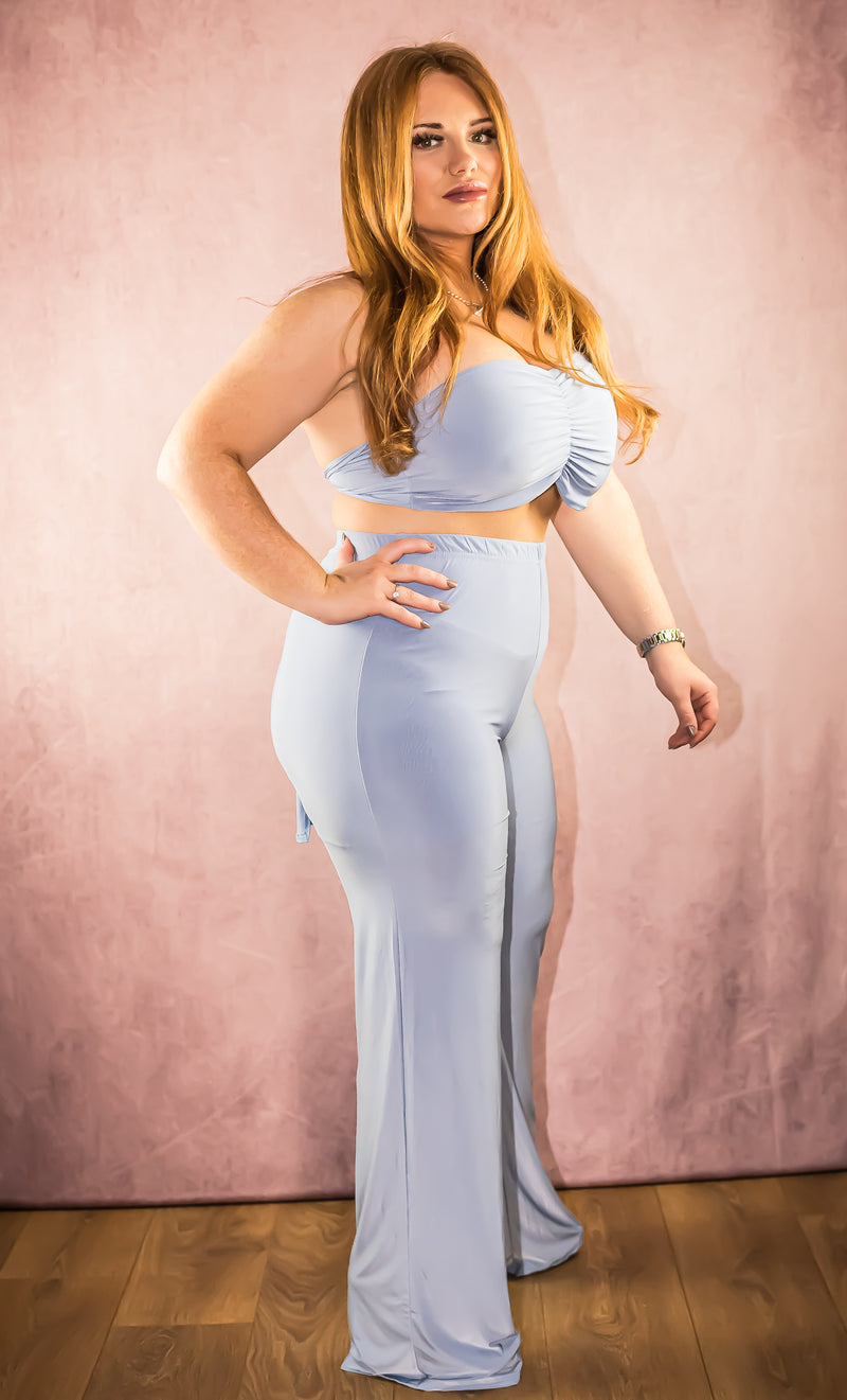 Blue Slinky Ruched Bandeau Crop Top & Wide Leg Trousers