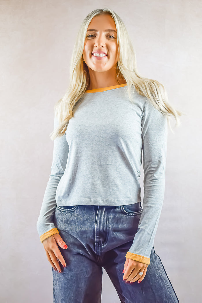 Contrast Colour Rib Detail Long Sleeve Top