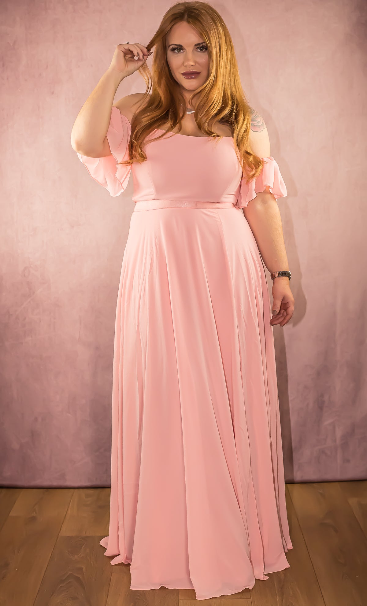 Draped Off The Shoulder Chiffon Maxi Dress with Front Split