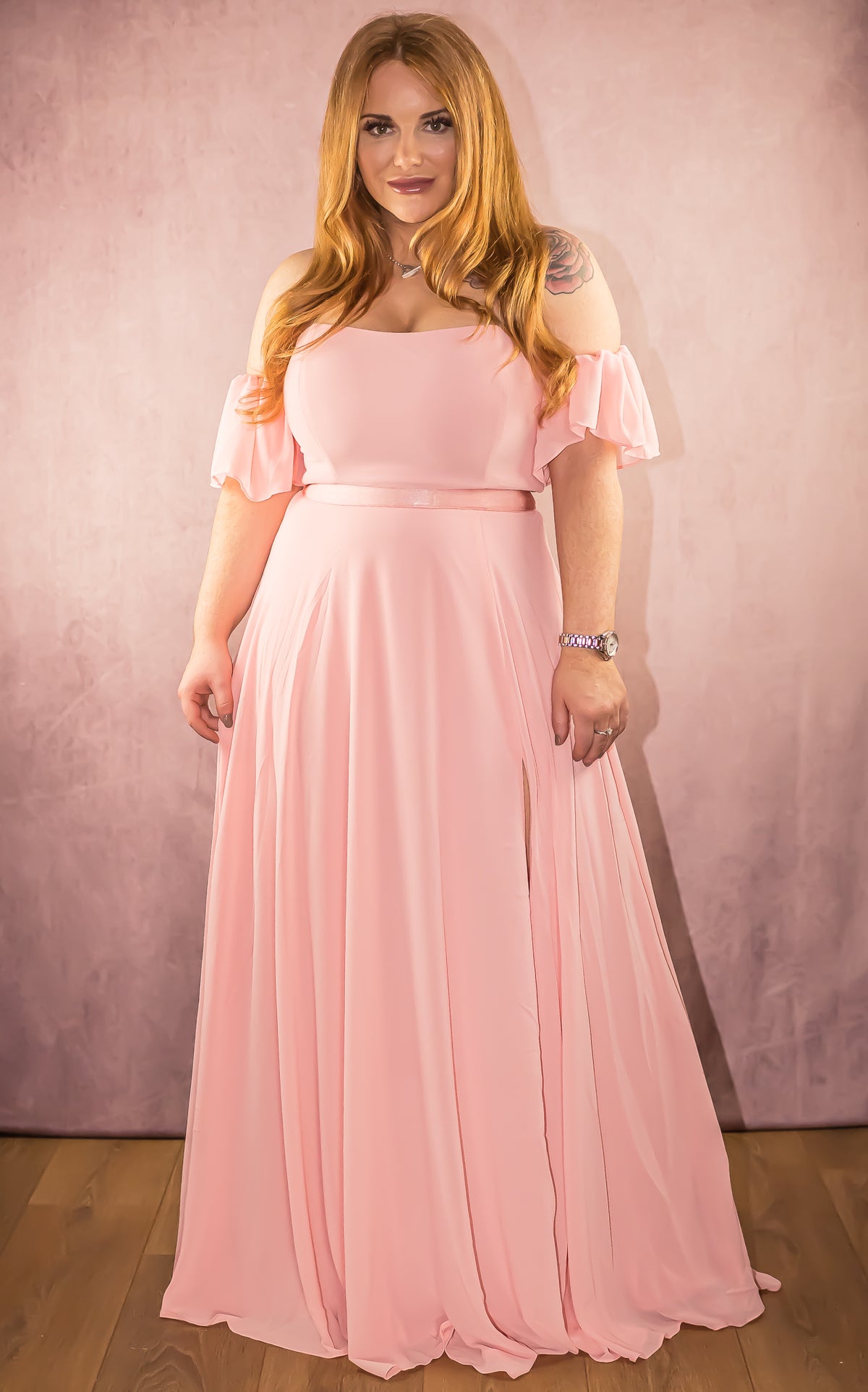 Draped Off The Shoulder Chiffon Maxi Dress with Front Split