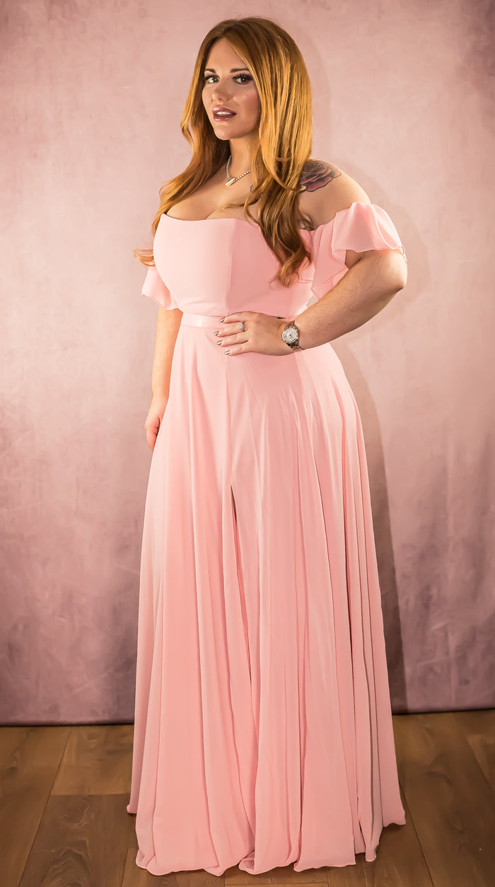 Draped Off The Shoulder Chiffon Maxi Dress with Front Split
