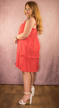 Coral Red Strappy Tiered Frill Detail Mini Dress