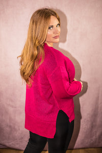 Cerise Pink Crew Neck Split Hem Detail Knit Jumper