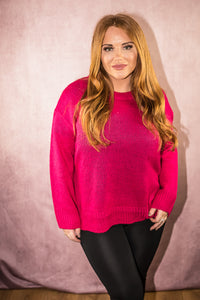 Cerise Pink Crew Neck Split Hem Detail Knit Jumper