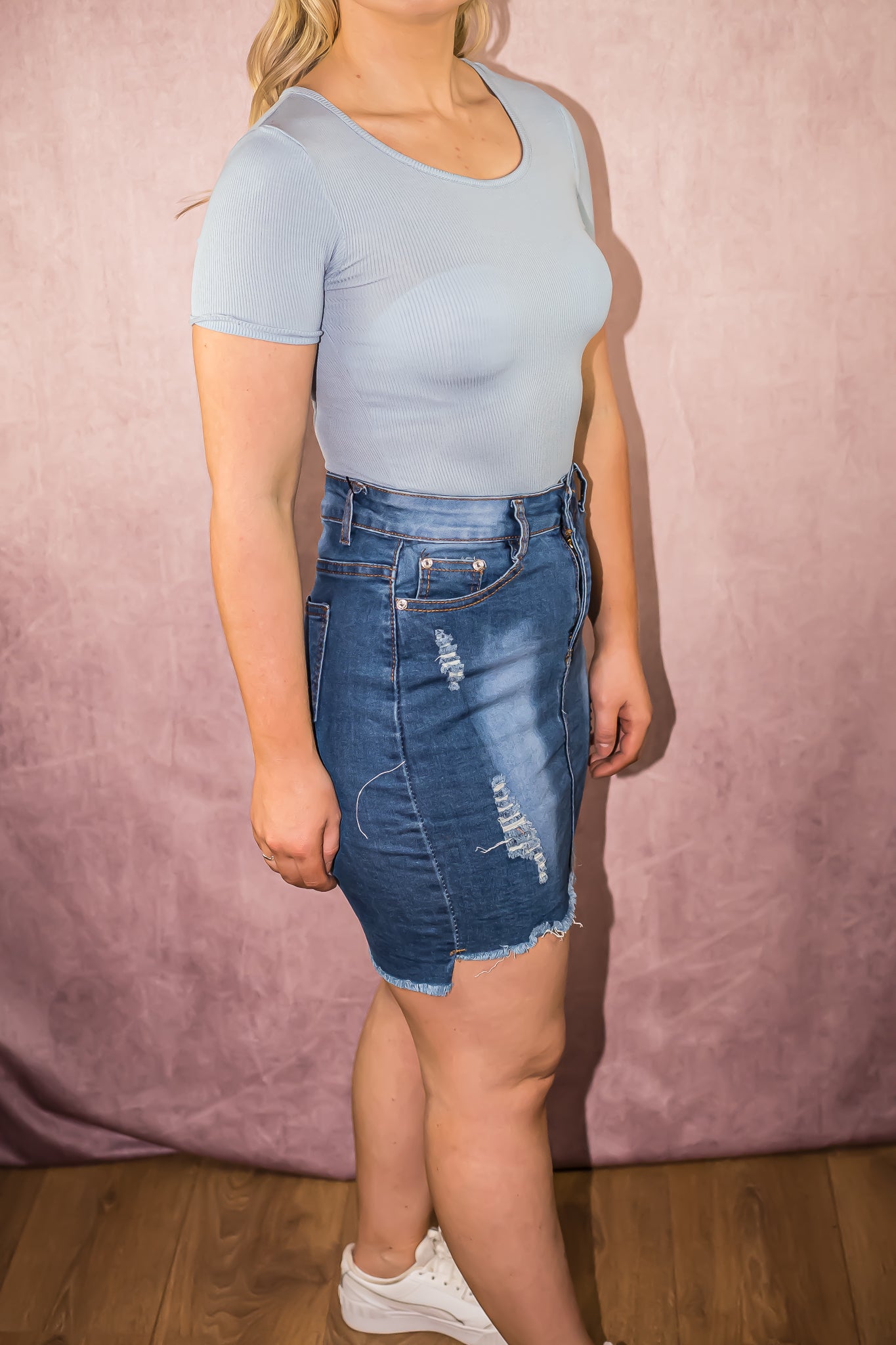 Denim High-Low High Waisted Skirt