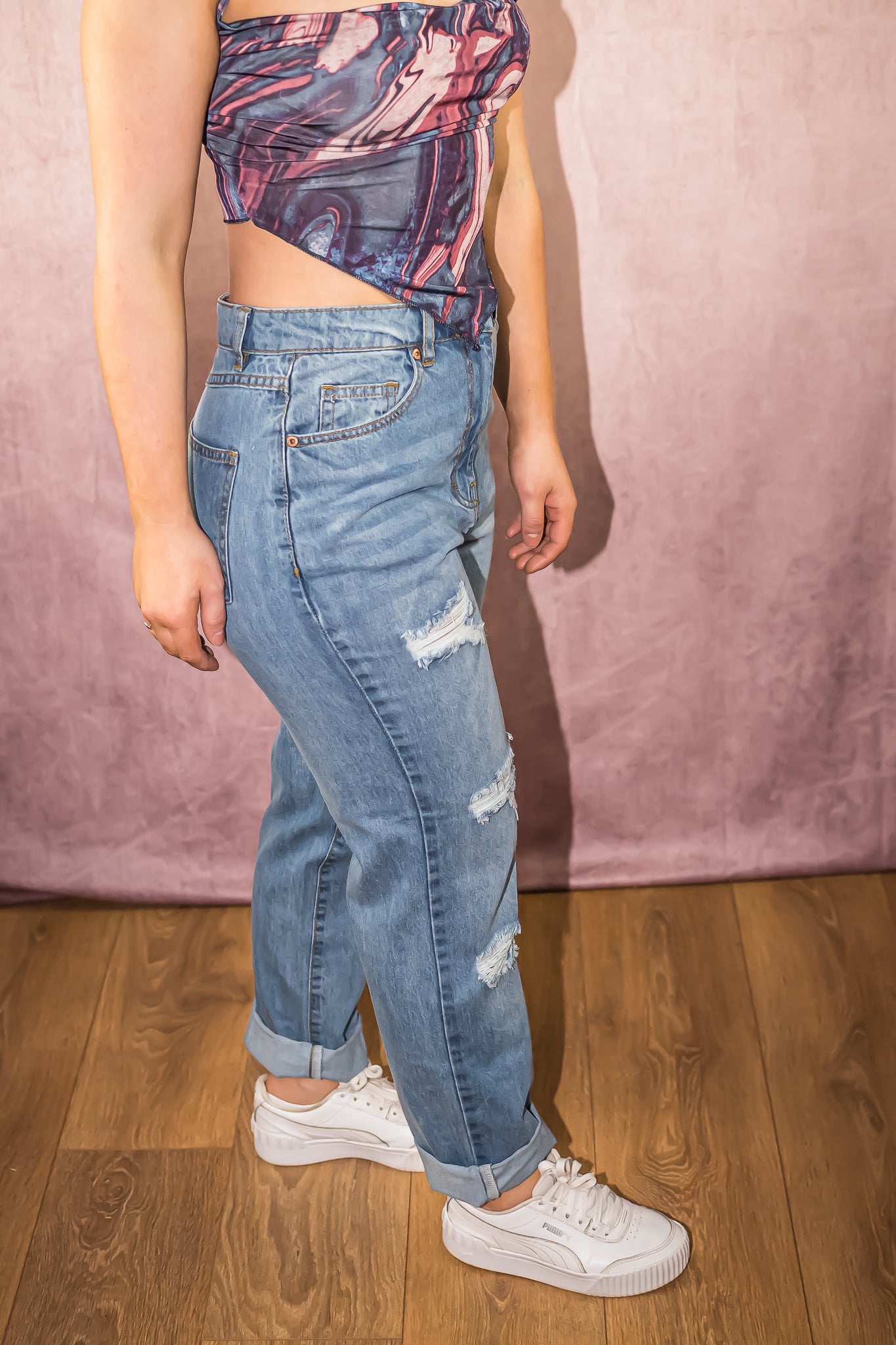 Mid Blue Multi Rip Turn Up Hem Boyfriend Jeans