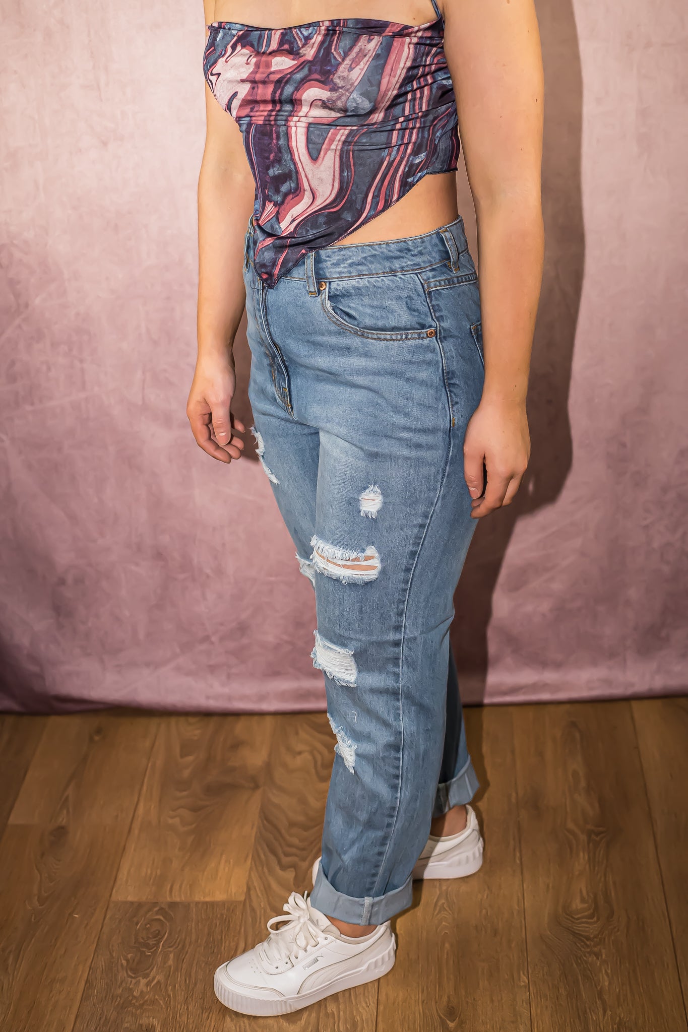 Mid Blue Multi Rip Turn Up Hem Boyfriend Jeans