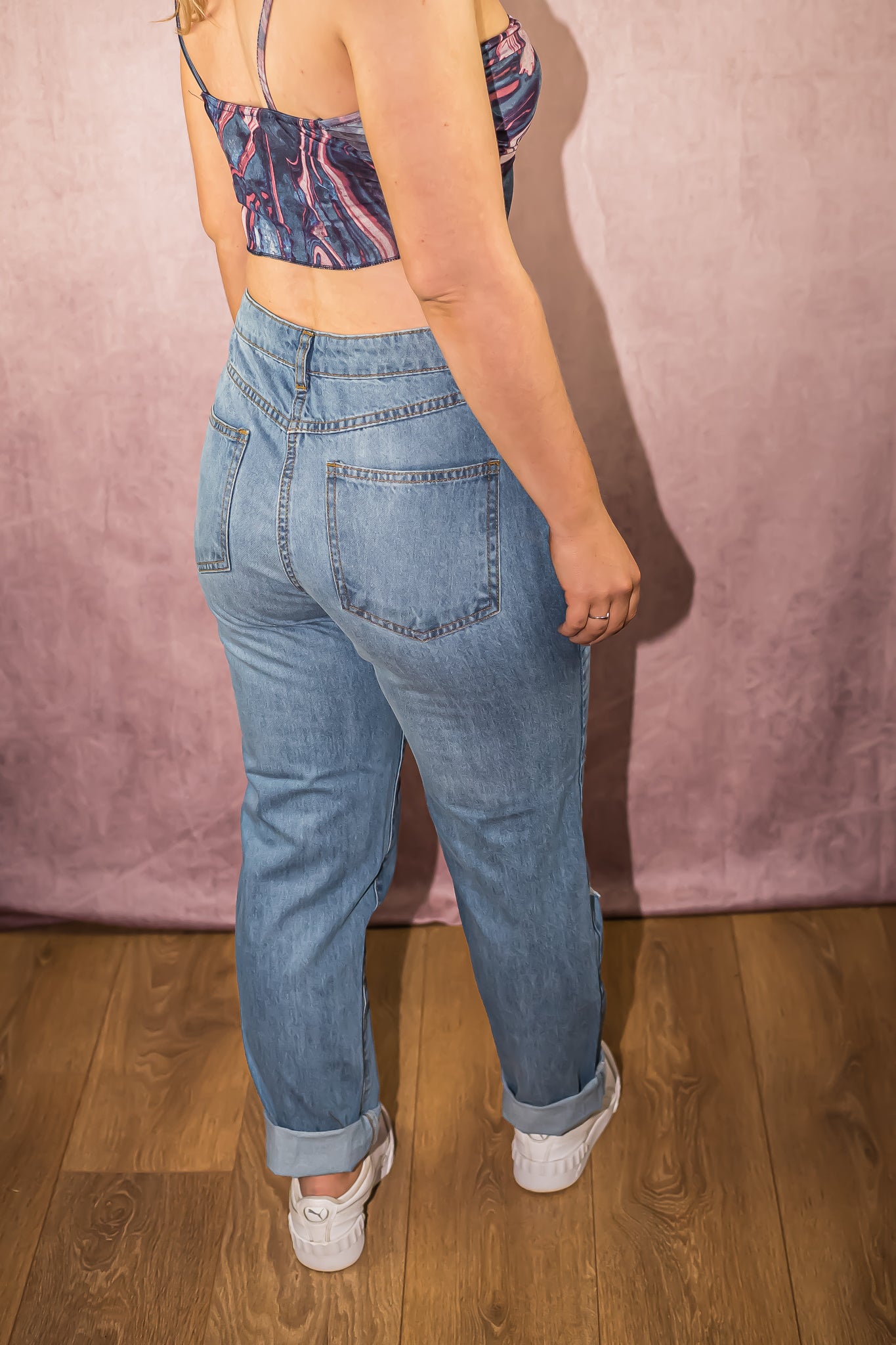 Mid Blue Multi Rip Turn Up Hem Boyfriend Jeans