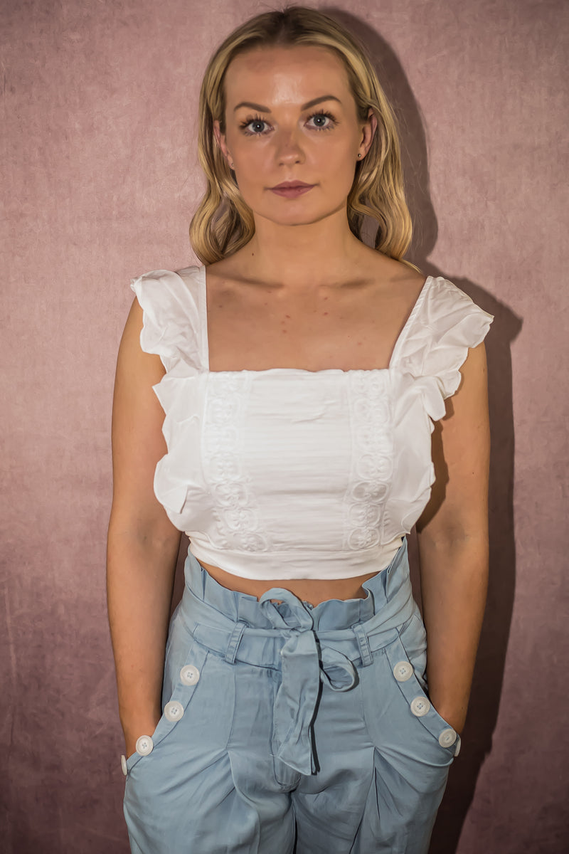 White Crochet Trim Ruffle Sleeve Crop Top