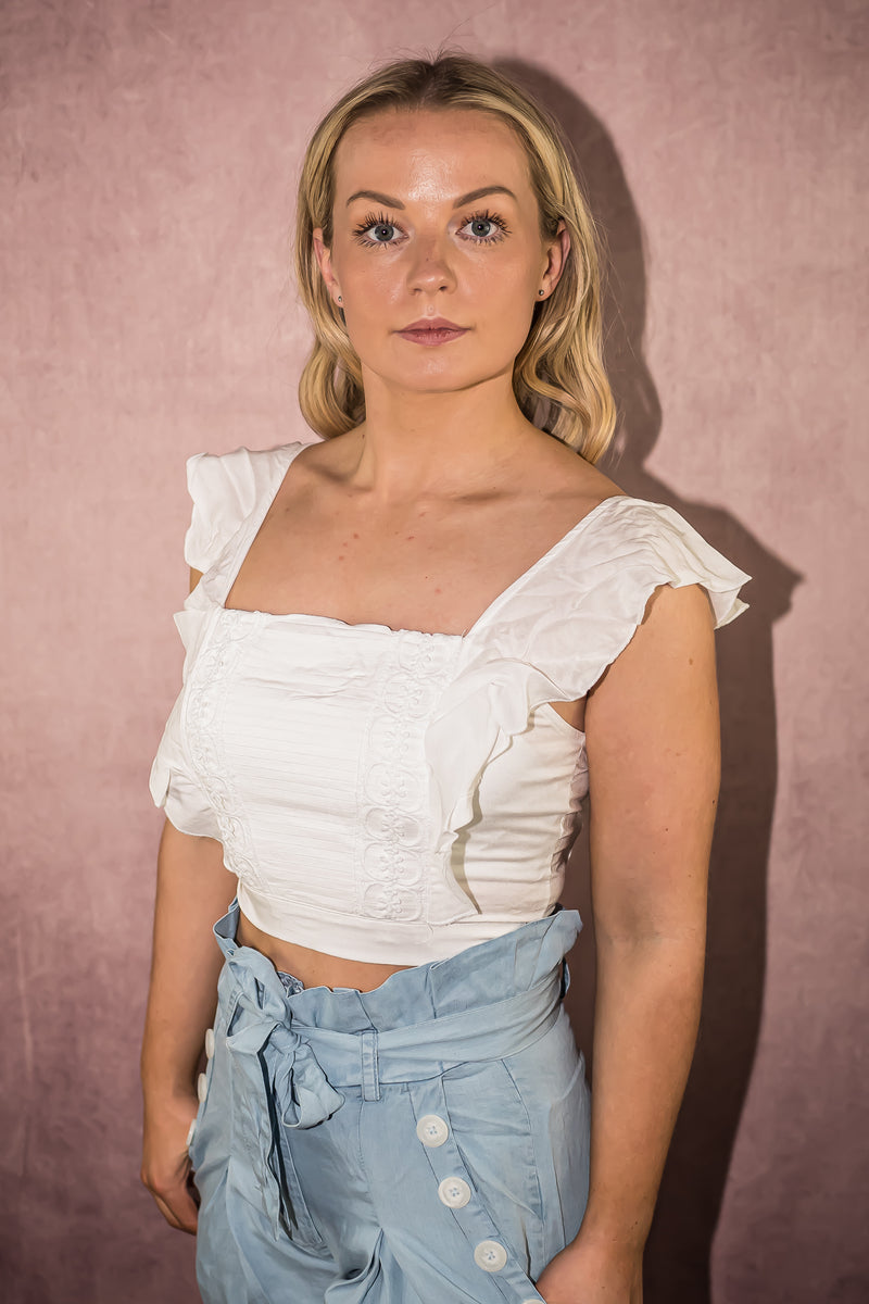 White Crochet Trim Ruffle Sleeve Crop Top