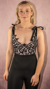 Black Lace Eyelash Ribbon Tie Plunge Front Bodysuit