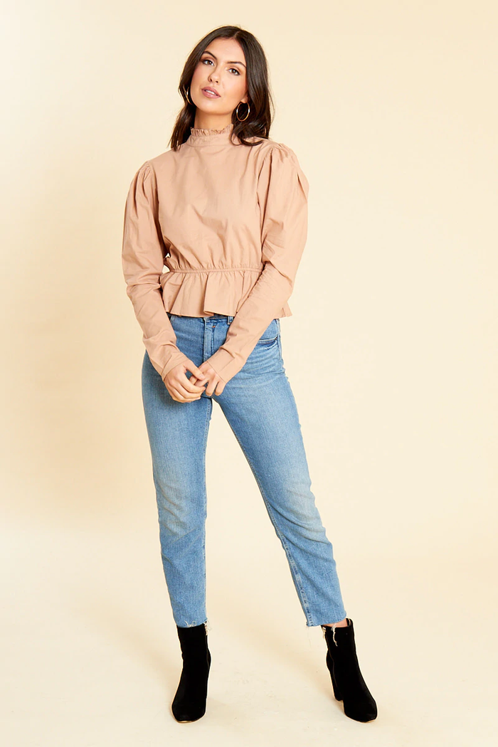 Stone Cotton High Neck Poplin Peplum Hem Top