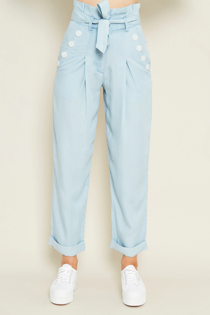 Paper Bag Waist Tencel Denim Trouser With Button Detail
