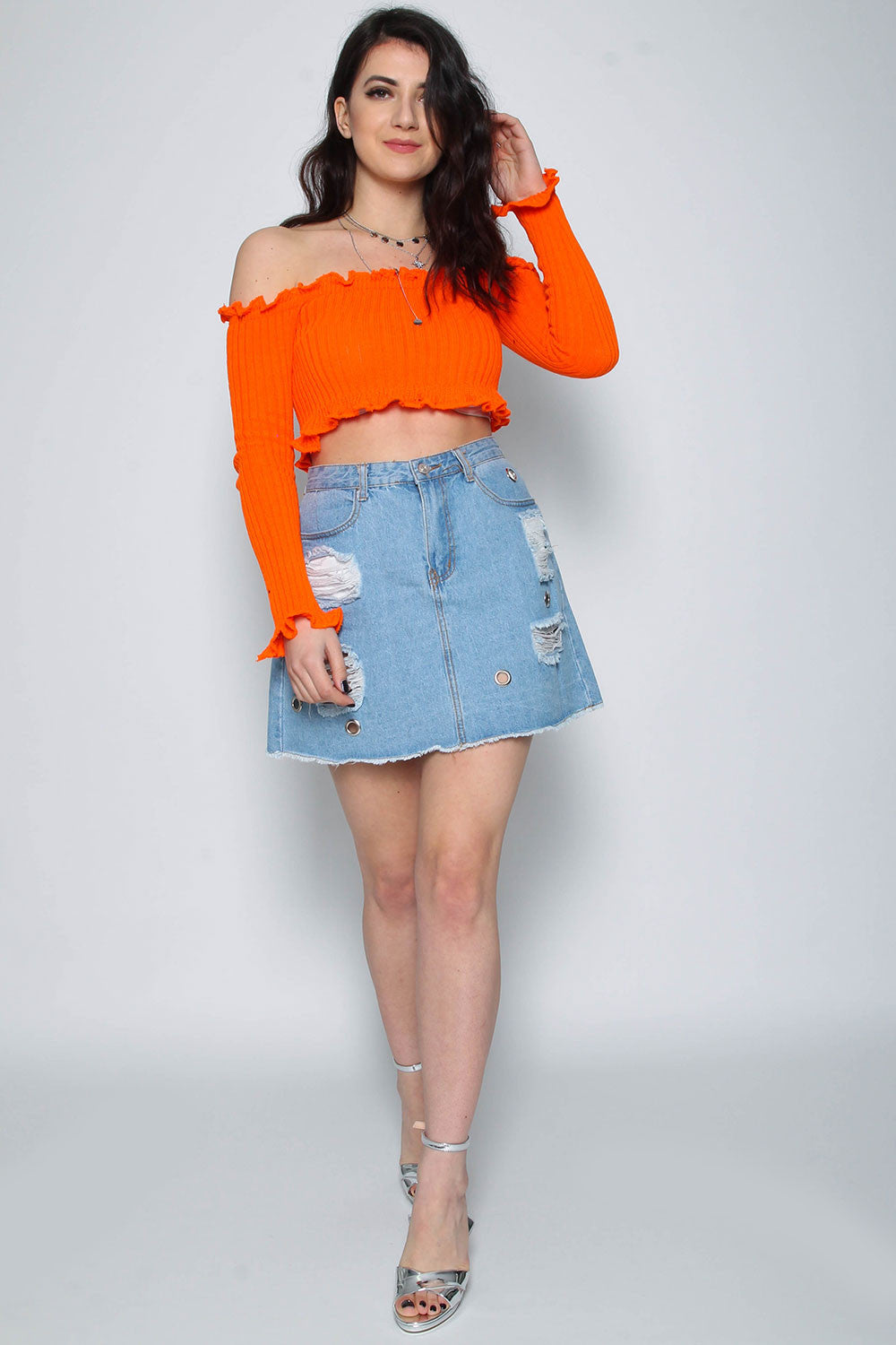 Ruffle Bardot Ribbed Top