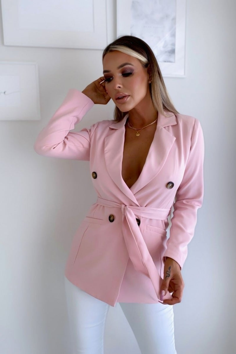 Pink Double Breasted Belted Fitted Blazer