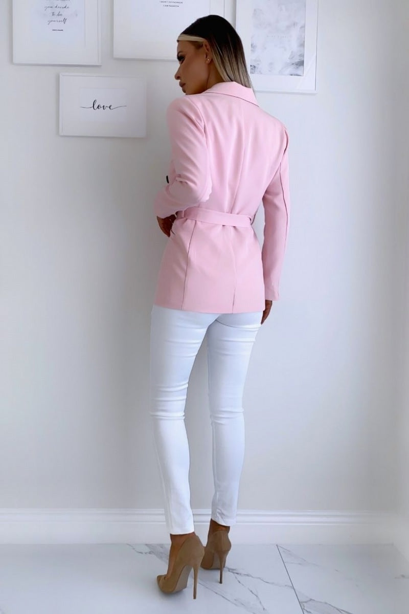 Pink Double Breasted Belted Fitted Blazer
