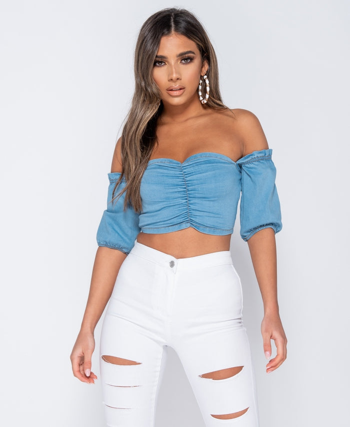 Ruching Detail Short Sleeve Bandeau Denim Crop Top