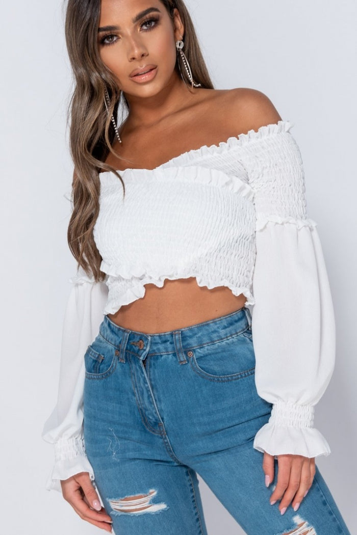 Shirring Detail Long Sleeve Bardot Crop Top