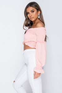 Shirring Detail Long Sleeve Bardot Crop Top