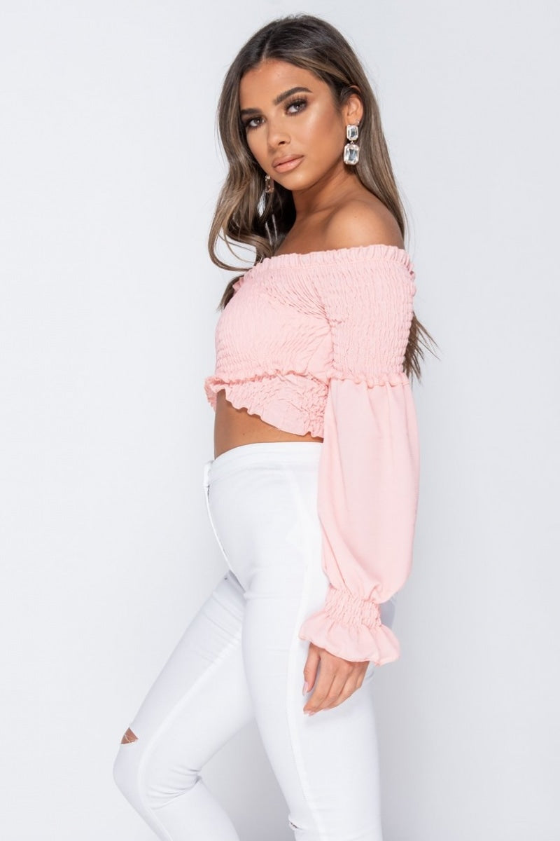 Shirring Detail Long Sleeve Bardot Crop Top